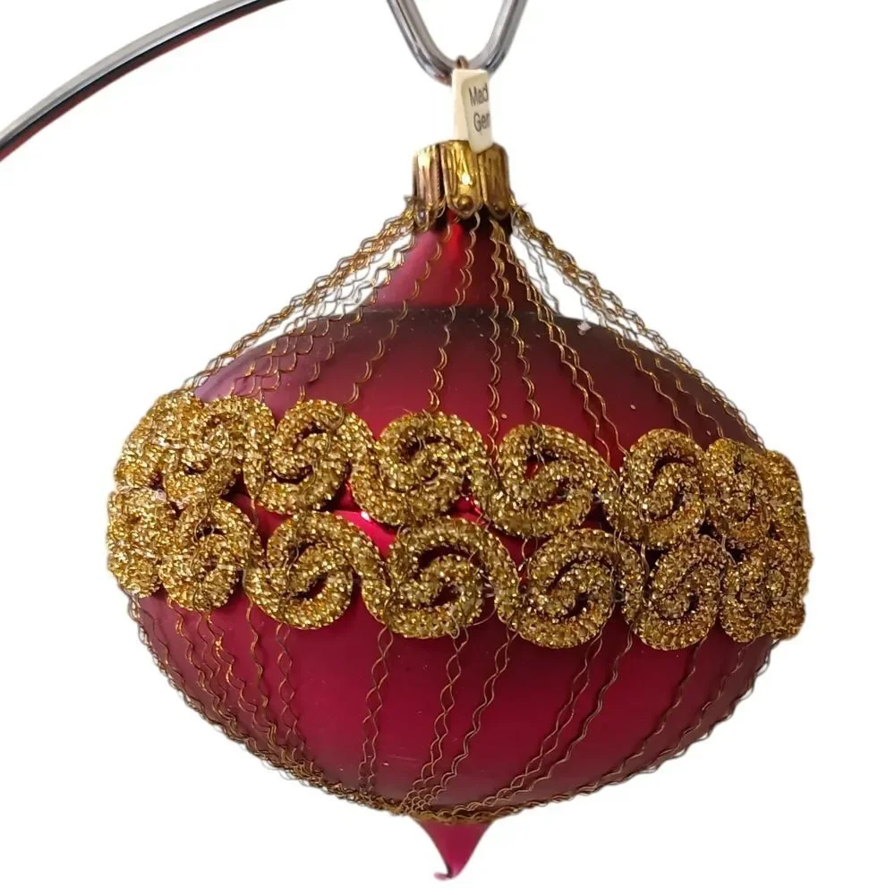 Hand Blown Glass Onion Shaped Ornament Fine Gold Chain Wrapped Victorian Germany